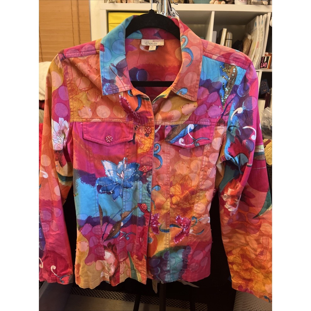 VTG Choices Jacket Blazer Multi Colored Art To Wear Womens Size M Sequin Snap